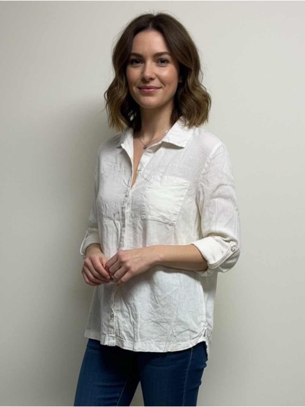 Blair Ivory Button-Down Linen-Blend Shirt EUC Size M